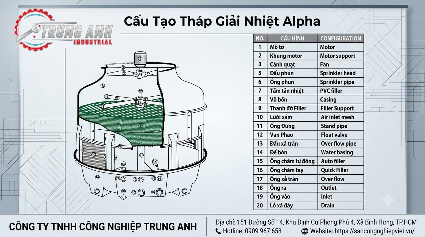 cấu tạo tháp giải nhiệt Alpha
